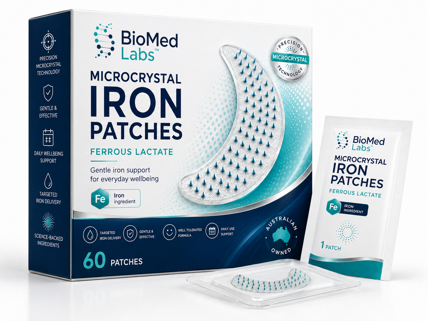 BioMed Labs Microcrystal Iron Patches — box, sachet and patch tray, 60 patches per pack
